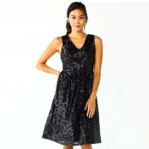 Draper James RSVP Elegant Black Sequin Tea length Dress Size 4 NWT